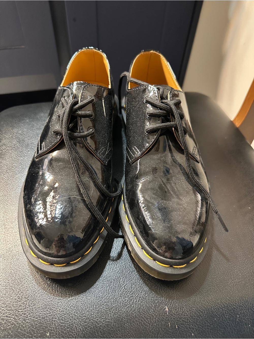 Dr. Martens Men’s shiny Black Patent Leather Derby Shoes with Yellow Stitching